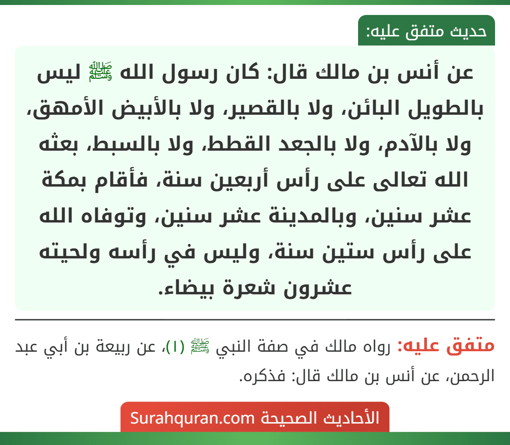 عن أنس بن مالك قال: كان رسول الله ﷺ ليس بالطويل البائن، ولا بالقصير، ولا بالأبيض الأمهق، ولا بالآدم، ولا بالجعد القطط، ولا بالسبط، بعثه الله تعالى على رأس أربعين سنة، فأقام بمكة عشر سنين، وبالمدينة عشر سنين، وتوفاه الله على رأس ستين سنة، وليس في رأسه ولحيته عشرون شعرة بيضاء.