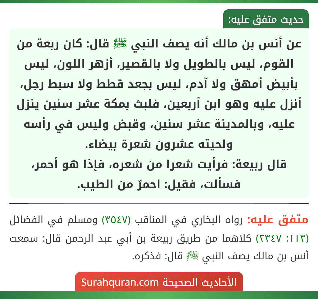 عن أنس بن مالك أنه يصف النبي ﷺ قال: كان ربعة من القوم، ليس بالطويل ولا بالقصير، أزهر اللون، ليس بأبيض أمهق ولا آدم، ليس بجعد قطط ولا سبط رجل، أنزل عليه وهو ابن أربعين، فلبث بمكة عشر سنين ينزل عليه، وبالمدينة عشر سنين، وقبض وليس في رأسه ولحيته عشرون شعرة بيضاء.
قال ربيعة: فرأيت شعرا من شعره، فإذا هو أحمر، فسألت، فقيل: احمرّ من الطيب.