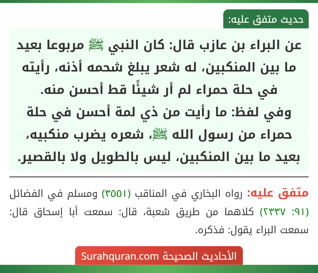 عن البراء بن عازب قال: كان النبي ﷺ مربوعا بعيد ما بين المنكبين، له شعر يبلغ شحمه أذنه، رأيته في حلة حمراء لم أر شيئًا قط أحسن منه.
وفي لفظ: ما رأيت من ذي لمة أحسن في حلة حمراء من رسول الله ﷺ، شعره يضرب منكبيه، بعيد ما بين المنكبين، ليس بالطويل ولا بالقصير.