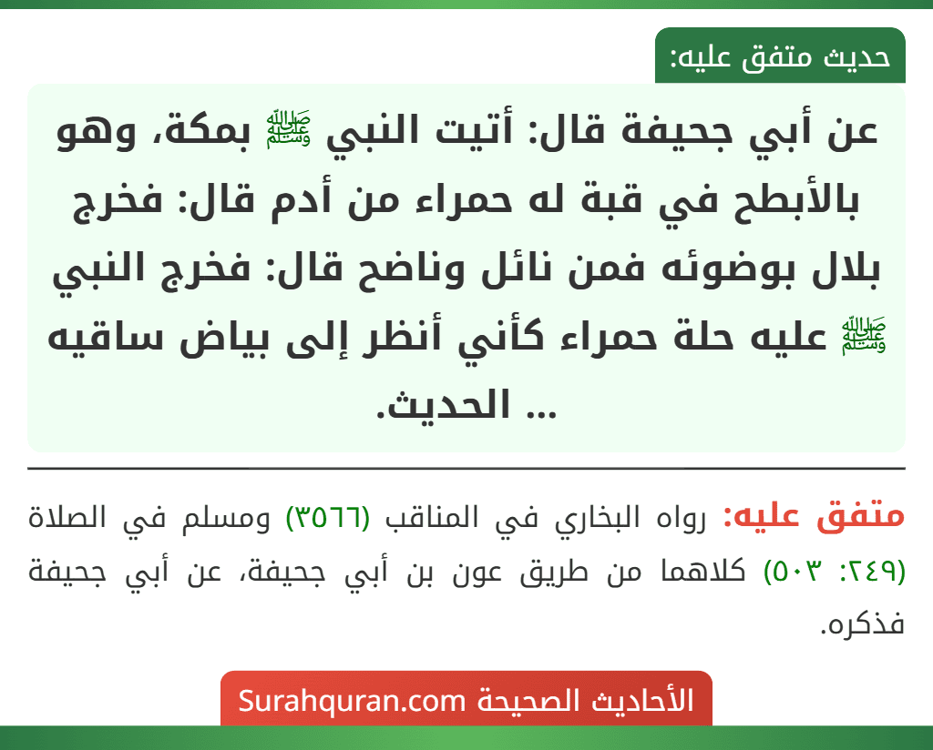 عن أبي جحيفة قال: أتيت النبي ﷺ بمكة، وهو بالأبطح في قبة له حمراء من أدم قال: فخرج بلال بوضوئه فمن نائل وناضح قال: فخرج النبي ﷺ عليه حلة حمراء كأني أنظر إلى بياض ساقيه ... الحديث.