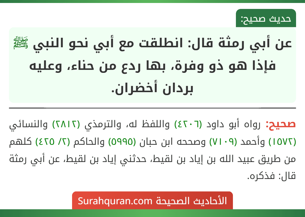 عن أبي رمثة قال: انطلقت مع أبي نحو النبي ﷺ فإذا هو ذو وفرة، بها ردع من حناء، وعليه بردان أخضران.