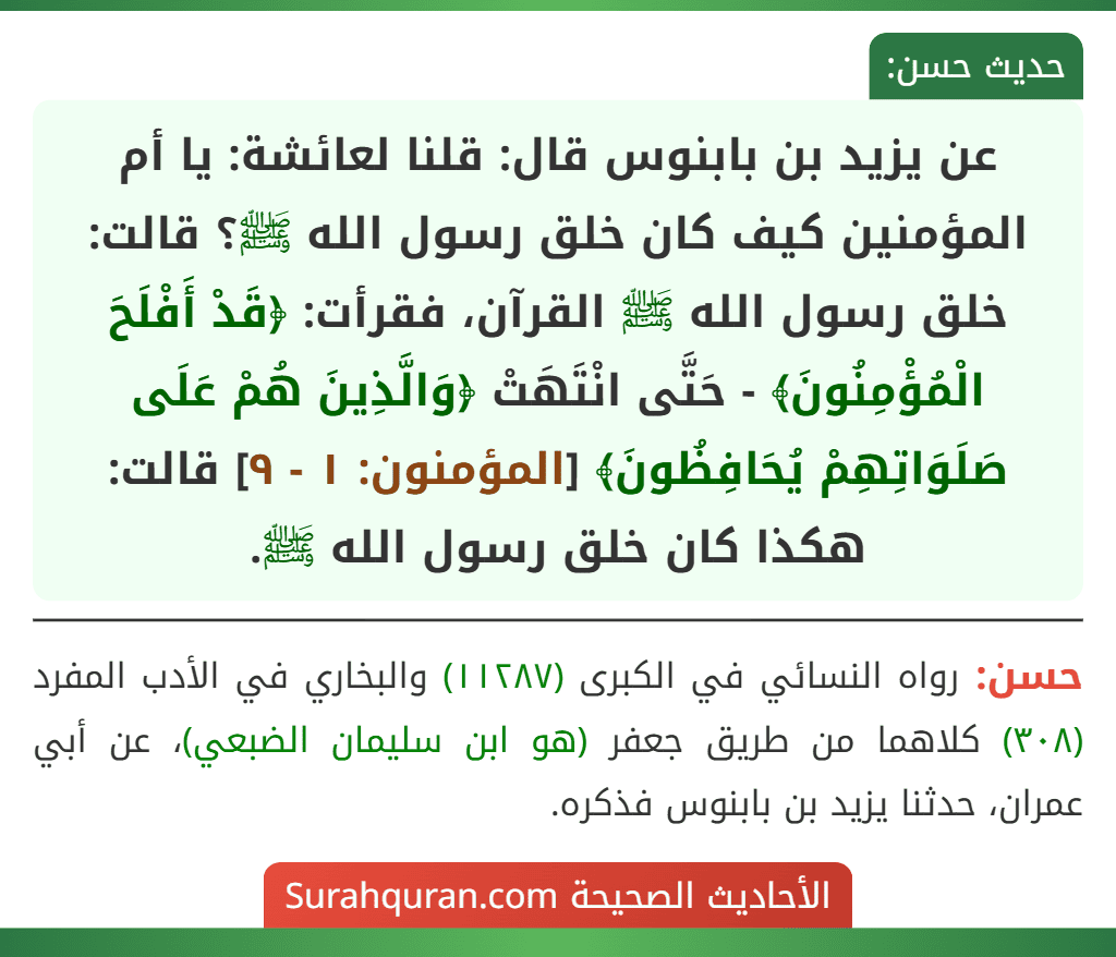 عن يزيد بن بابنوس قال: قلنا لعائشة: يا أم المؤمنين كيف كان خلق رسول الله ﷺ؟ قالت: خلق رسول الله ﷺ القرآن، فقرأت: ﴿قَدْ أَفْلَحَ الْمُؤْمِنُونَ﴾ - حَتَّى انْتَهَتْ ﴿وَالَّذِينَ هُمْ عَلَى صَلَوَاتِهِمْ يُحَافِظُونَ﴾ [المؤمنون: ١ - ٩] قالت: هكذا كان خلق رسول الله ﷺ.