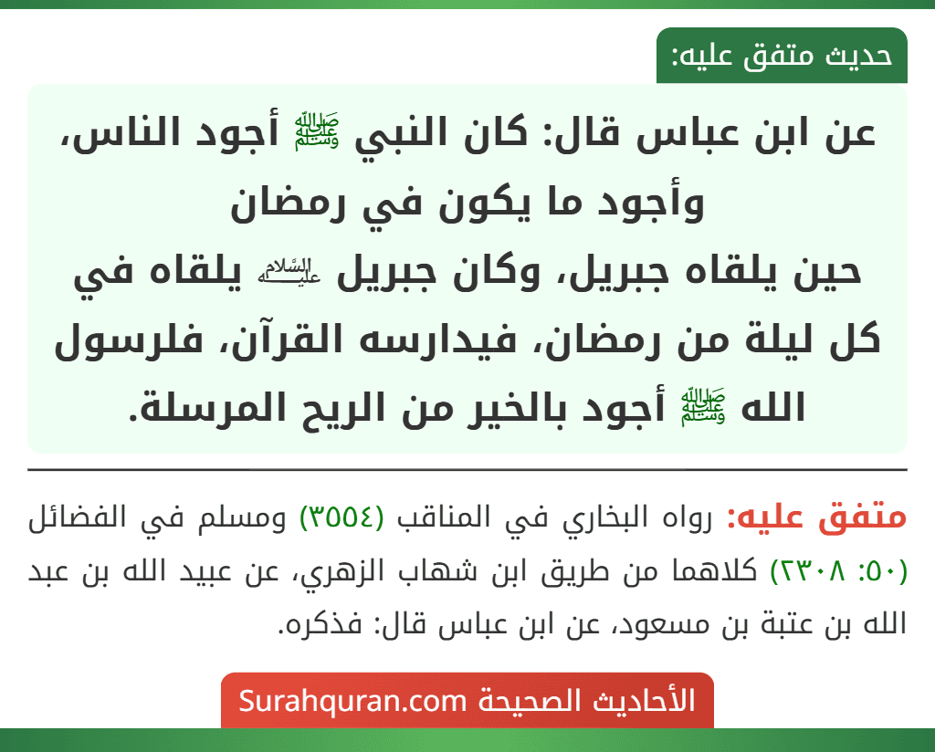 عن ابن عباس قال: كان النبي ﷺ أجود الناس، وأجود ما يكون في رمضان
حين يلقاه جبريل، وكان جبريل ﵇ يلقاه في كل ليلة من رمضان، فيدارسه القرآن، فلرسول الله ﷺ أجود بالخير من الريح المرسلة. عن ابن عباس قال: كان النبي ﷺ أجود الناس، وأجود ما يكون في رمضان
حين يلقاه جبريل، وكان جبريل ﵇ يلقاه في كل ليلة من رمضان، فيدارسه القرآن، فلرسول الله ﷺ أجود بالخير من الريح المرسلة.