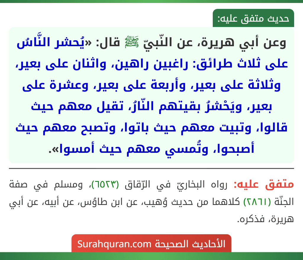وعن أبي هريرة، عن النّبيّ ﷺ قال: «يُحشر النَّاسُ على ثلاث طرائق: راغبين راهين، واثنان على بعير، وثلاثة على بعير، وأربعة على بعير، وعشرة على بعير، ويَحْشرُ بقيتهم النّارُ، تقيل معهم حيث قالوا، وتبيت معهم حيث باتوا، وتصبح معهم حيث أصبحوا، وتُمسي معهم حيث أمسوا». وعن أبي هريرة، عن النّبيّ ﷺ قال: «يُحشر النَّاسُ على ثلاث طرائق: راغبين راهين، واثنان على بعير، وثلاثة على بعير، وأربعة على بعير، وعشرة على بعير، ويَحْشرُ بقيتهم النّارُ، تقيل معهم حيث قالوا، وتبيت معهم حيث باتوا، وتصبح معهم حيث أصبحوا، وتُمسي معهم حيث أمسوا».
