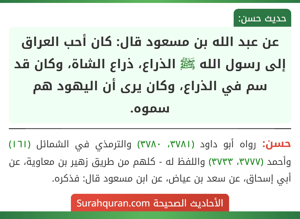 عن عبد الله بن مسعود قال: كان أحب العراق إلى رسول الله ﷺ الذراع، ذراع الشاة، وكان قد سم في الذراع، وكان يرى أن اليهود هم سموه.
