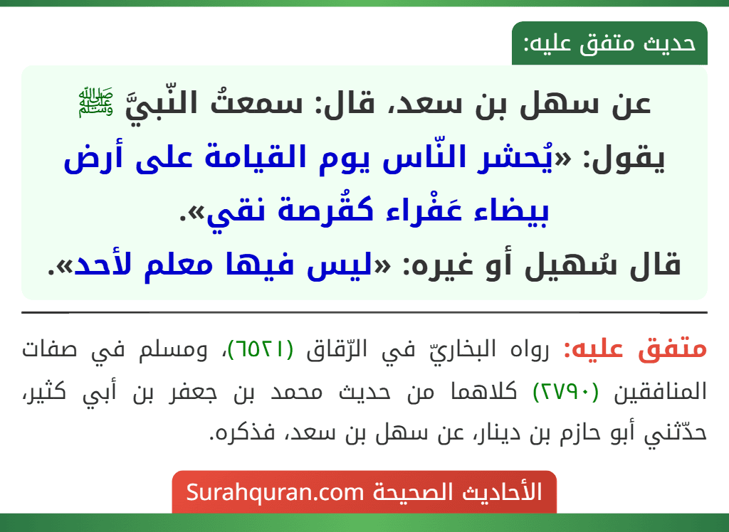 عن سهل بن سعد، قال: سمعتُ النّبيَّ ﷺ يقول: «يُحشر النّاس يوم القيامة على أرض بيضاء عَفْراء كقُرصة نقي».
قال سُهيل أو غيره: «ليس فيها معلم لأحد».