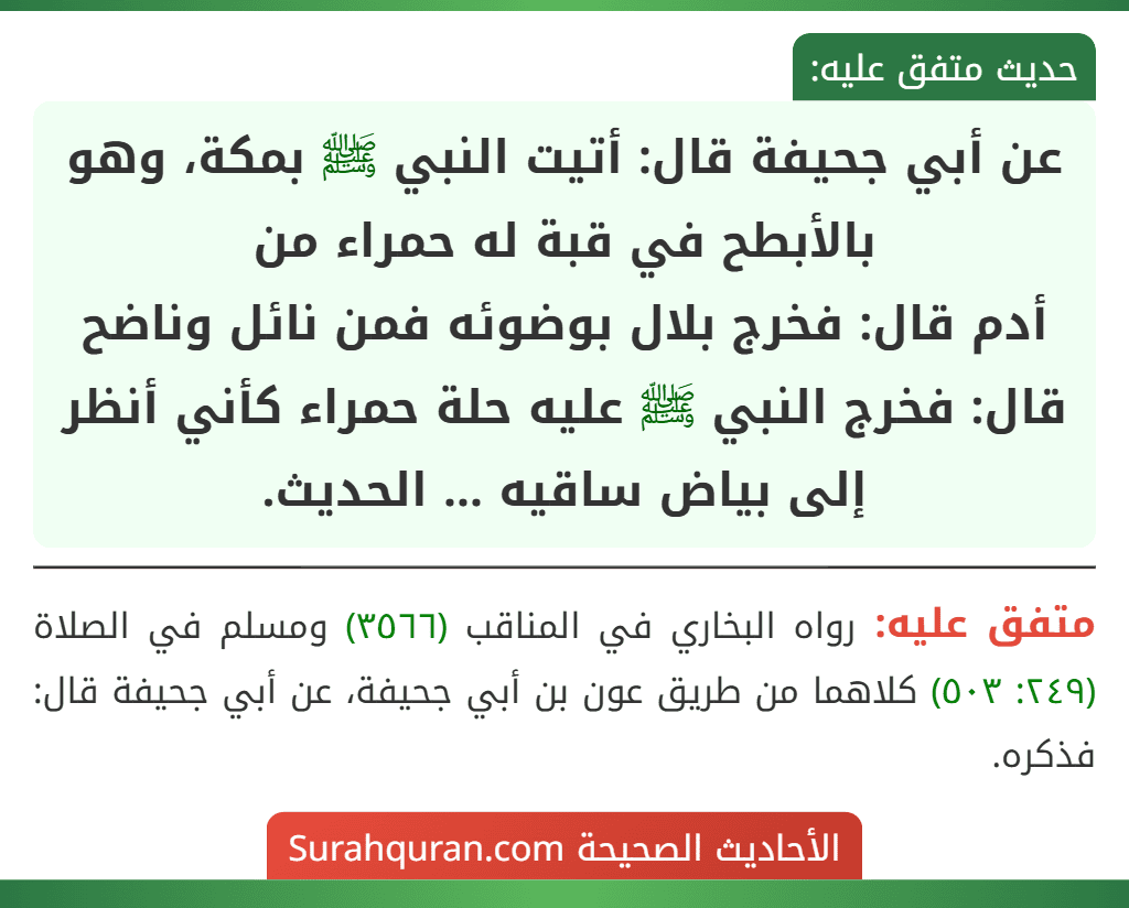 عن أبي جحيفة قال: أتيت النبي ﷺ بمكة، وهو بالأبطح في قبة له حمراء من
أدم قال: فخرج بلال بوضوئه فمن نائل وناضح قال: فخرج النبي ﷺ عليه حلة حمراء كأني أنظر إلى بياض ساقيه ... الحديث.