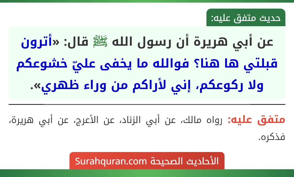 عن أبي هريرة أن رسول الله ﷺ قال: «أترون قبلتي ها هنا؟ فوالله ما يخفى عليّ خشوعكم ولا ركوعكم، إني لأراكم من وراء ظهري». عن أبي هريرة أن رسول الله ﷺ قال: «أترون قبلتي ها هنا؟ فوالله ما يخفى عليّ خشوعكم ولا ركوعكم، إني لأراكم من وراء ظهري».