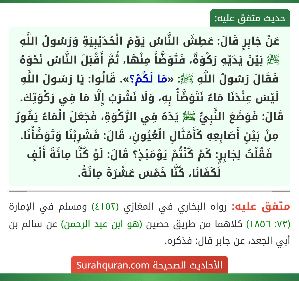 عَنْ جَابِرٍ قَالَ: عَطِشَ النَّاسُ يَوْمَ الْحُدَيْبِيَةِ وَرَسُولُ اللَّهِ ﷺ بَيْنَ يَدَيْهِ رَكْوَةٌ، فَتَوَضَّأَ مِنْهَا، ثُمَّ أَقْبَلَ النَّاسُ نَحْوَهُ فَقَالَ رَسُولُ اللَّهِ ﷺ: «مَا لَكُمْ؟». قَالُوا: يَا رَسُولَ اللَّهِ لَيْسَ عِنْدَنَا مَاءٌ نَتَوَضَّأُ بِهِ، وَلَا نَشْرَبُ إِلَّا مَا فِي رَكْوَتِكَ. قَالَ: فَوَضَعَ النَّبِيُّ ﷺ يَدَهُ فِي الرَّكْوَةِ، فَجَعَلَ الْمَاءُ يَفُورُ مِنْ بَيْنِ أَصَابِعِهِ كَأَمْثَالِ الْعُيُونِ، قَالَ: فَشَرِبْنَا وَتَوَضَّأْنَا. فَقُلْتُ لِجَابِرٍ: كَمْ كُنْتُمْ يَوْمَئِذٍ؟ قَالَ: لَوْ كُنَّا مِائَةَ أَلْفٍ لَكَفَانَا، كُنَّا خَمْسَ عَشْرَةَ مِائَةً. عَنْ جَابِرٍ قَالَ: عَطِشَ النَّاسُ يَوْمَ الْحُدَيْبِيَةِ وَرَسُولُ اللَّهِ ﷺ بَيْنَ يَدَيْهِ رَكْوَةٌ، فَتَوَضَّأَ مِنْهَا، ثُمَّ أَقْبَلَ النَّاسُ نَحْوَهُ فَقَالَ رَسُولُ اللَّهِ ﷺ: «مَا لَكُمْ؟». قَالُوا: يَا رَسُولَ اللَّهِ لَيْسَ عِنْدَنَا مَاءٌ نَتَوَضَّأُ بِهِ، وَلَا نَشْرَبُ إِلَّا مَا فِي رَكْوَتِكَ. قَالَ: فَوَضَعَ النَّبِيُّ ﷺ يَدَهُ فِي الرَّكْوَةِ، فَجَعَلَ الْمَاءُ يَفُورُ مِنْ بَيْنِ أَصَابِعِهِ كَأَمْثَالِ الْعُيُونِ، قَالَ: فَشَرِبْنَا وَتَوَضَّأْنَا. فَقُلْتُ لِجَابِرٍ: كَمْ كُنْتُمْ يَوْمَئِذٍ؟ قَالَ: لَوْ كُنَّا مِائَةَ أَلْفٍ لَكَفَانَا، كُنَّا خَمْسَ عَشْرَةَ مِائَةً.