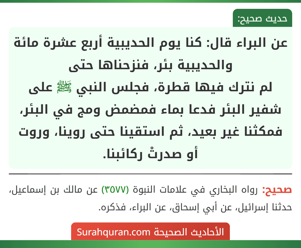 عن البراء قال: كنا يوم الحديبية أربع عشرة مائة والحديبية بئر، فنزحناها حتى
لم نترك فيها قطرة، فجلس النبي ﷺ على شفير البئر فدعا بماء فمضمض ومج في البئر، فمكثنا غير بعيد، ثم استقينا حتى روينا، وروت أو صدرتْ ركائبنا.