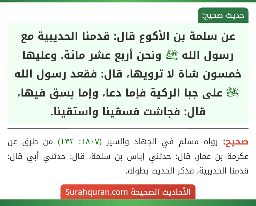 عن سلمة بن الأكوع قال: قدمنا الحديبية مع رسول الله ﷺ ونحن أربع عشر مائة. وعليها خمسون شاة لا ترويها، قال: فقعد رسول الله ﷺ على جبا الركية فإما دعا، وإما بسق فيها، قال: فجاشت فسقينا واستقينا.