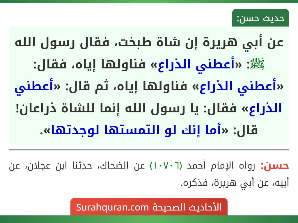 عن أبي هريرة إن شاة طبخت، فقال رسول الله ﷺ: «أعطني الذراع» فناولها إياه، فقال: «أعطني الذراع» فناولها إياه، ثم قال: «أعطني الذراع» فقال: يا رسول الله إنما للشاة ذراعان! قال: «أما إنك لو التمستها لوجدتها». عن أبي هريرة إن شاة طبخت، فقال رسول الله ﷺ: «أعطني الذراع» فناولها إياه، فقال: «أعطني الذراع» فناولها إياه، ثم قال: «أعطني الذراع» فقال: يا رسول الله إنما للشاة ذراعان! قال: «أما إنك لو التمستها لوجدتها».