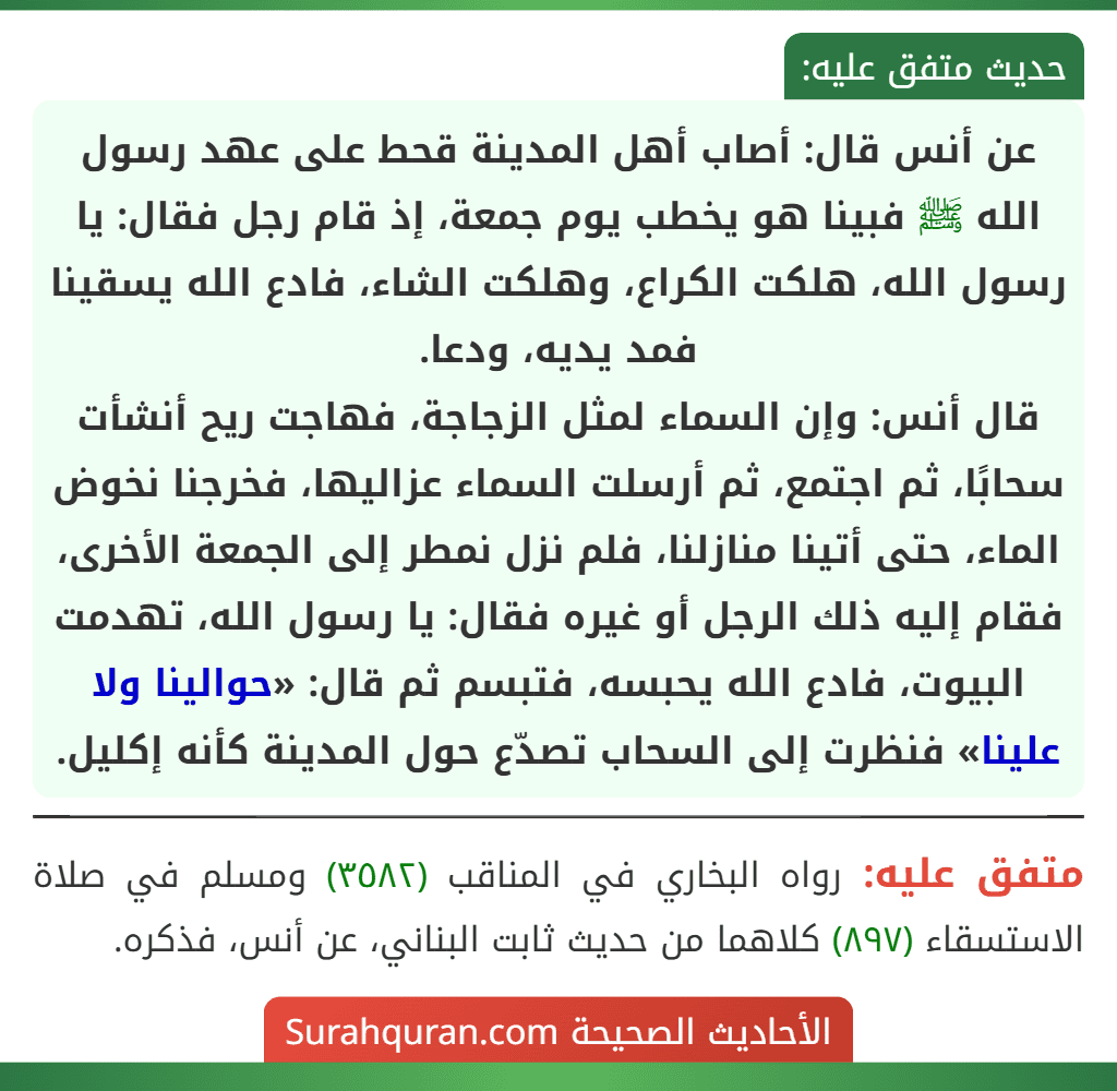 عن أنس قال: أصاب أهل المدينة قحط على عهد رسول الله ﷺ فبينا هو يخطب يوم جمعة، إذ قام رجل فقال: يا رسول الله، هلكت الكراع، وهلكت الشاء، فادع الله يسقينا فمد يديه، ودعا.
قال أنس: وإن السماء لمثل الزجاجة، فهاجت ريح أنشأت سحابًا، ثم اجتمع، ثم أرسلت السماء عزاليها، فخرجنا نخوض الماء، حتى أتينا منازلنا، فلم نزل نمطر إلى الجمعة الأخرى، فقام إليه ذلك الرجل أو غيره فقال: يا رسول الله، تهدمت البيوت، فادع الله يحبسه، فتبسم ثم قال: «حوالينا ولا علينا» فنظرت إلى السحاب تصدّع حول المدينة كأنه إكليل.