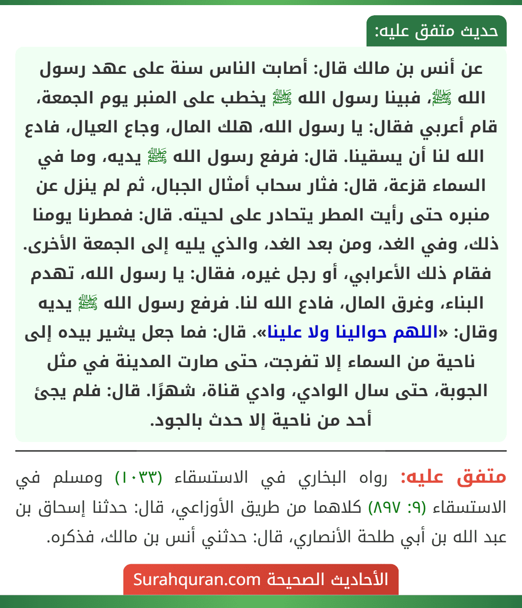 عن أنس بن مالك قال: أصابت الناس سنة على عهد رسول الله ﷺ، فبينا رسول الله ﷺ يخطب على المنبر يوم الجمعة، قام أعربي فقال: يا رسول الله، هلك المال، وجاع العيال، فادع الله لنا أن يسقينا. قال: فرفع رسول الله ﷺ يديه، وما في السماء قزعة، قال: فثار سحاب أمثال الجبال، ثم لم ينزل عن منبره حتى رأيت المطر يتحادر على لحيته. قال: فمطرنا يومنا ذلك، وفي الغد، ومن بعد الغد، والذي يليه إلى الجمعة الأخرى. فقام ذلك الأعرابي، أو رجل غيره، فقال: يا رسول الله، تهدم البناء، وغرق المال، فادع الله لنا. فرفع رسول الله ﷺ يديه وقال: «اللهم حوالينا ولا علينا». قال: فما جعل يشير بيده إلى ناحية من السماء إلا تفرجت، حتى صارت المدينة في مثل الجوبة، حتى سال الوادي، وادي قناة، شهرًا. قال: فلم يجئ أحد من ناحية إلا حدث بالجود. عن أنس بن مالك قال: أصابت الناس سنة على عهد رسول الله ﷺ، فبينا رسول الله ﷺ يخطب على المنبر يوم الجمعة، قام أعربي فقال: يا رسول الله، هلك المال، وجاع العيال، فادع الله لنا أن يسقينا. قال: فرفع رسول الله ﷺ يديه، وما في السماء قزعة، قال: فثار سحاب أمثال الجبال، ثم لم ينزل عن منبره حتى رأيت المطر يتحادر على لحيته. قال: فمطرنا يومنا ذلك، وفي الغد، ومن بعد الغد، والذي يليه إلى الجمعة الأخرى. فقام ذلك الأعرابي، أو رجل غيره، فقال: يا رسول الله، تهدم البناء، وغرق المال، فادع الله لنا. فرفع رسول الله ﷺ يديه وقال: «اللهم حوالينا ولا علينا». قال: فما جعل يشير بيده إلى ناحية من السماء إلا تفرجت، حتى صارت المدينة في مثل الجوبة، حتى سال الوادي، وادي قناة، شهرًا. قال: فلم يجئ أحد من ناحية إلا حدث بالجود.