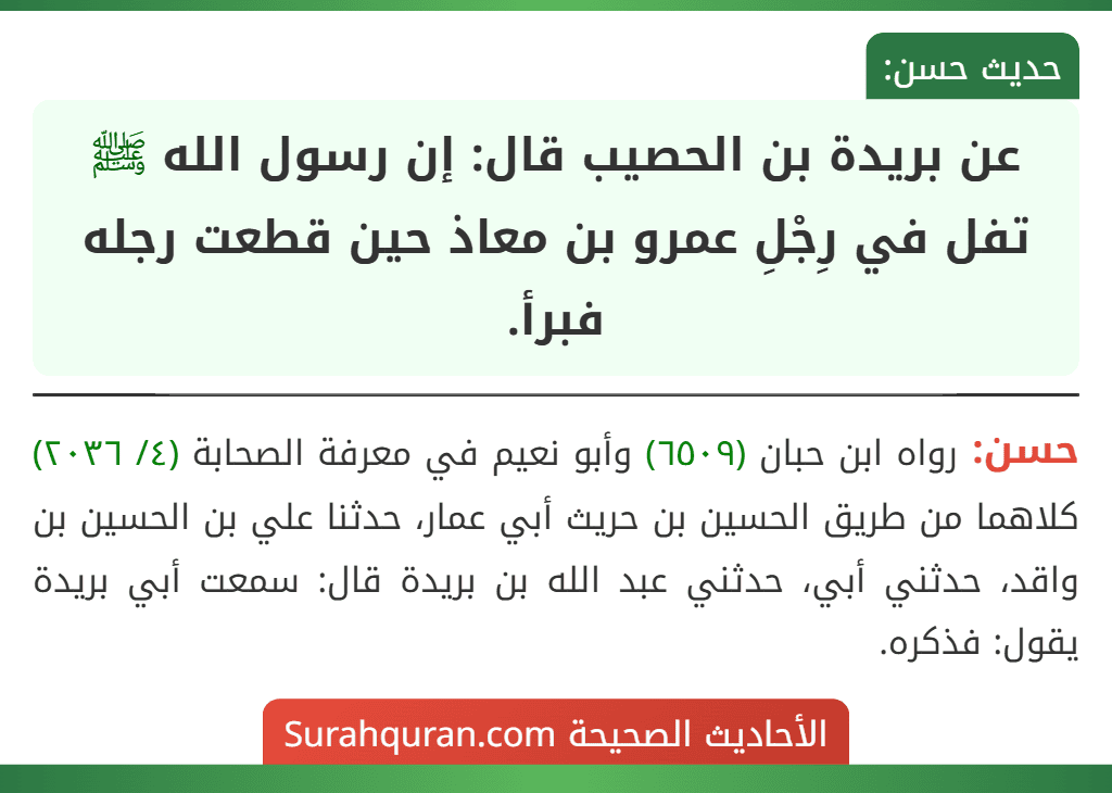 عن بريدة بن الحصيب قال: إن رسول الله ﷺ تفل في رِجْلِ عمرو بن معاذ حين قطعت رجله فبرأ. عن بريدة بن الحصيب قال: إن رسول الله ﷺ تفل في رِجْلِ عمرو بن معاذ حين قطعت رجله فبرأ.