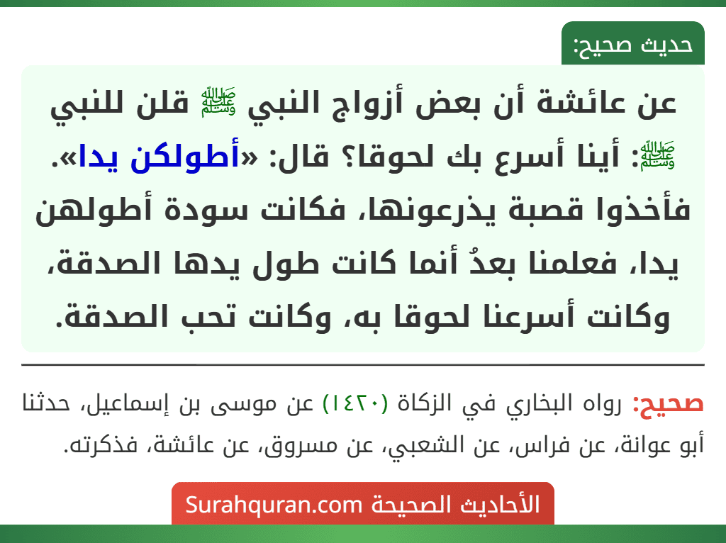 عن عائشة أن بعض أزواج النبي ﷺ قلن للنبي ﷺ: أينا أسرع بك لحوقا؟ قال: «أطولكن يدا».
فأخذوا قصبة يذرعونها، فكانت سودة أطولهن يدا، فعلمنا بعدُ أنما كانت طول يدها الصدقة، وكانت أسرعنا لحوقا به، وكانت تحب الصدقة.