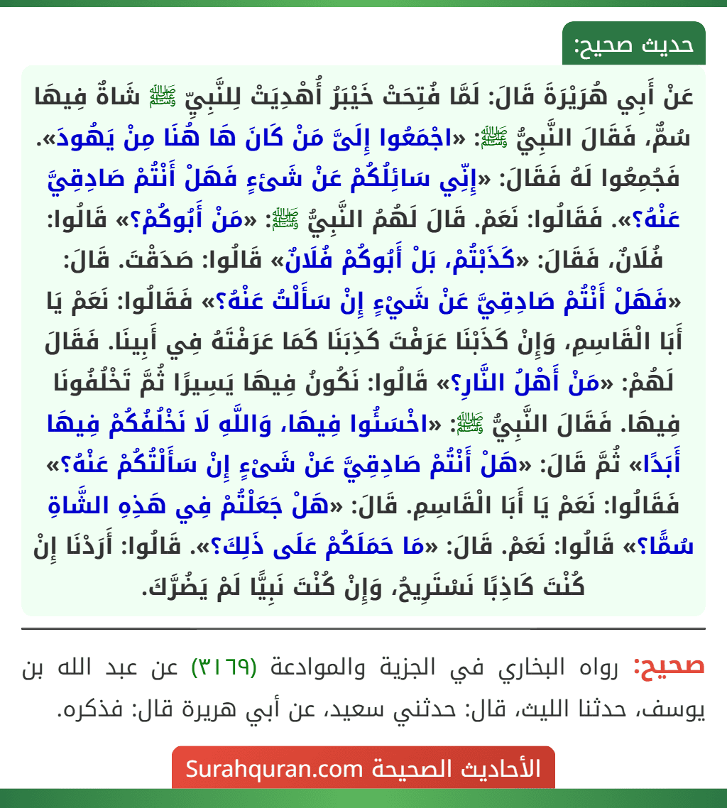 عَنْ أَبِي هُرَيْرَةَ قَالَ: لَمَّا فُتِحَتْ خَيْبَرُ أُهْدِيَتْ لِلنَّبِيِّ ﷺ شَاةٌ فِيهَا سُمٌّ، فَقَالَ النَّبِيُّ ﷺ: «اجْمَعُوا إِلَىَّ مَنْ كَانَ هَا هُنَا مِنْ يَهُودَ». فَجُمِعُوا لَهُ فَقَالَ: «إِنِّي سَائِلُكُمْ عَنْ شَئءٍ فَهَلْ أَنْتُمْ صَادِقِيَّ عَنْهُ؟». فَقَالُوا: نَعَمْ. قَالَ لَهُمُ النَّبِيُّ ﷺ: «مَنْ أَبُوكُمْ؟» قَالُوا: فُلَانٌ، فَقَالَ: «كَذَبْتُمْ، بَلْ أَبُوكُمْ فُلَانٌ» قَالُوا: صَدَقْتَ. قَالَ: «فَهَلْ أَنْتُمْ صَادِقِيَّ عَنْ شَيْءٍ إِنْ سَأَلْتُ عَنْهُ؟» فَقَالُوا: نَعَمْ يَا أَبَا الْقَاسِمِ، وَإِنْ كَذَبْنَا عَرَفْتَ كَذِبَنَا كَمَا عَرَفْتَهُ فِي أَبِينَا. فَقَالَ لَهُمْ: «مَنْ أَهْلُ النَّارِ؟» قَالُوا: نَكُونُ فِيهَا يَسِيرًا ثُمَّ تَخْلُفُونَا فِيهَا. فَقَالَ النَّبِيُّ ﷺ: «اخْسَئُوا فِيهَا، وَاللَّهِ لَا نَخْلُفُكُمْ فِيهَا أَبَدًا» ثُمَّ قَالَ: «هَلْ أَنْتُمْ صَادِقِيَّ عَنْ شَىْءٍ إِنْ سَأَلْتُكُمْ عَنْهُ؟» فَقَالُوا: نَعَمْ يَا أَبَا الْقَاسِمِ. قَالَ: «هَلْ جَعَلْتُمْ فِي هَذِهِ الشَّاةِ سُمًّا؟» قَالُوا: نَعَمْ. قَالَ: «مَا حَمَلَكُمْ عَلَى ذَلِكَ؟». قَالُوا: أَرَدْنَا إِنْ كُنْتَ كَاذِبًا نَسْتَرِيحُ، وَإِنْ كُنْتَ نَبِيًّا لَمْ يَضُرَّكَ.