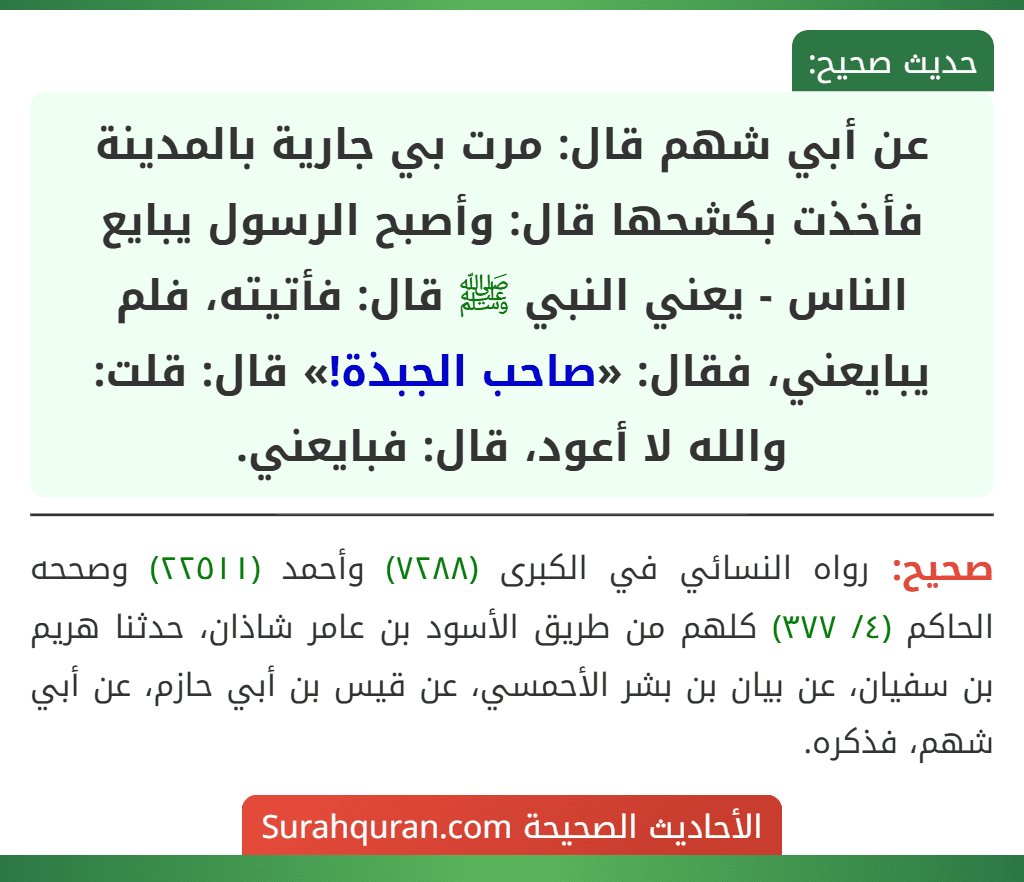 عن أبي شهم قال: مرت بي جارية بالمدينة فأخذت بكشحها قال: وأصبح الرسول يبايع الناس - يعني النبي ﷺ قال: فأتيته، فلم يبايعني، فقال: «صاحب الجبذة!» قال: قلت: والله لا أعود، قال: فبايعني. عن أبي شهم قال: مرت بي جارية بالمدينة فأخذت بكشحها قال: وأصبح الرسول يبايع الناس - يعني النبي ﷺ قال: فأتيته، فلم يبايعني، فقال: «صاحب الجبذة!» قال: قلت: والله لا أعود، قال: فبايعني.