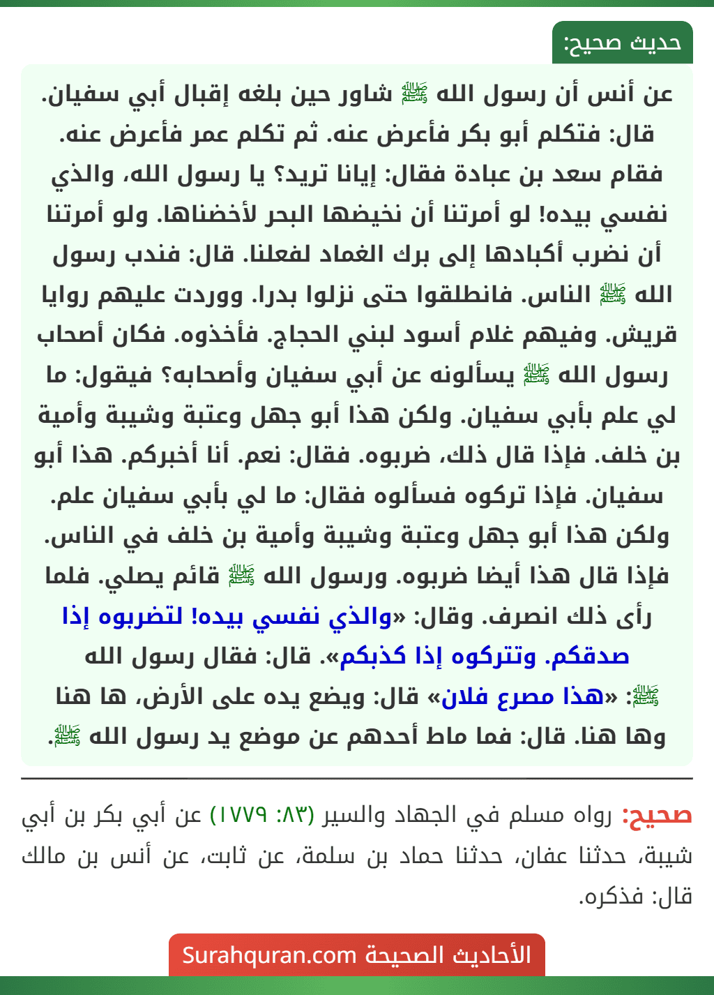 عن أنس أن رسول الله ﷺ شاور حين بلغه إقبال أبي سفيان. قال: فتكلم أبو بكر فأعرض عنه. ثم تكلم عمر فأعرض عنه. فقام سعد بن عبادة فقال: إيانا تريد؟ يا رسول الله، والذي نفسي بيده! لو أمرتنا أن نخيضها البحر لأخضناها. ولو أمرتنا أن نضرب أكبادها إلى برك الغماد لفعلنا. قال: فندب رسول الله ﷺ الناس. فانطلقوا حتى نزلوا بدرا. ووردت عليهم روايا قريش. وفيهم غلام أسود لبني الحجاج. فأخذوه. فكان أصحاب رسول الله ﷺ يسألونه عن أبي سفيان وأصحابه؟ فيقول: ما لي علم بأبي سفيان. ولكن هذا أبو جهل وعتبة وشيبة وأمية بن خلف. فإذا قال ذلك، ضربوه. فقال: نعم. أنا أخبركم. هذا أبو سفيان. فإذا تركوه فسألوه فقال: ما لي بأبي سفيان علم. ولكن هذا أبو جهل وعتبة وشيبة وأمية بن خلف في الناس. فإذا قال هذا أيضا ضربوه. ورسول الله ﷺ قائم يصلي. فلما رأى ذلك انصرف. وقال: «والذي نفسي بيده! لتضربوه إذا صدقكم. وتتركوه إذا كذبكم». قال: فقال رسول الله
ﷺ: «هذا مصرع فلان» قال: ويضع يده على الأرض، ها هنا وها هنا. قال: فما ماط أحدهم عن موضع يد رسول الله ﷺ.