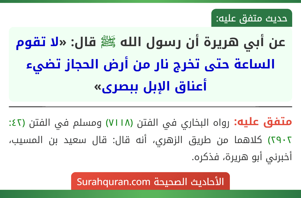 عن أبي هريرة أن رسول الله ﷺ قال: «لا تقوم الساعة حتى تخرج نار من أرض الحجاز تضيء أعناق الإبل ببصرى»