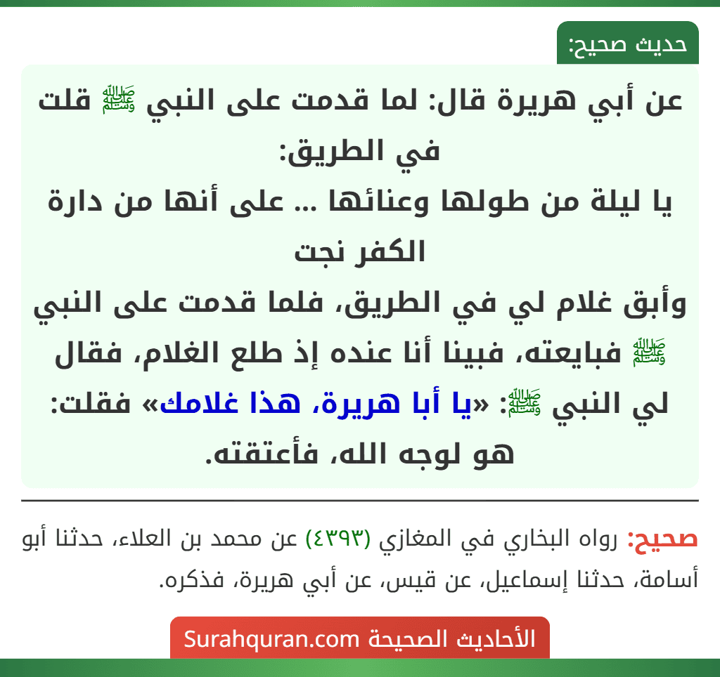 عن أبي هريرة قال: لما قدمت على النبي ﷺ قلت في الطريق:
يا ليلة من طولها وعنائها ... على أنها من دارة الكفر نجت
وأبق غلام لي في الطريق، فلما قدمت على النبي ﷺ فبايعته، فبينا أنا عنده إذ طلع الغلام، فقال لي النبي ﷺ: «يا أبا هريرة، هذا غلامك» فقلت: هو لوجه الله، فأعتقته.