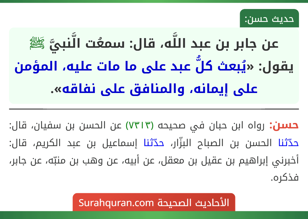 عن جابر بن عبد اللَّه، قال: سمعُت الَّنبيَّ ﷺ يقول: «يُبعث كلُّ عبد على ما مات عليه، المؤمن على إيمانه، والمنافق على نفاقه». عن جابر بن عبد اللَّه، قال: سمعُت الَّنبيَّ ﷺ يقول: «يُبعث كلُّ عبد على ما مات عليه، المؤمن على إيمانه، والمنافق على نفاقه».