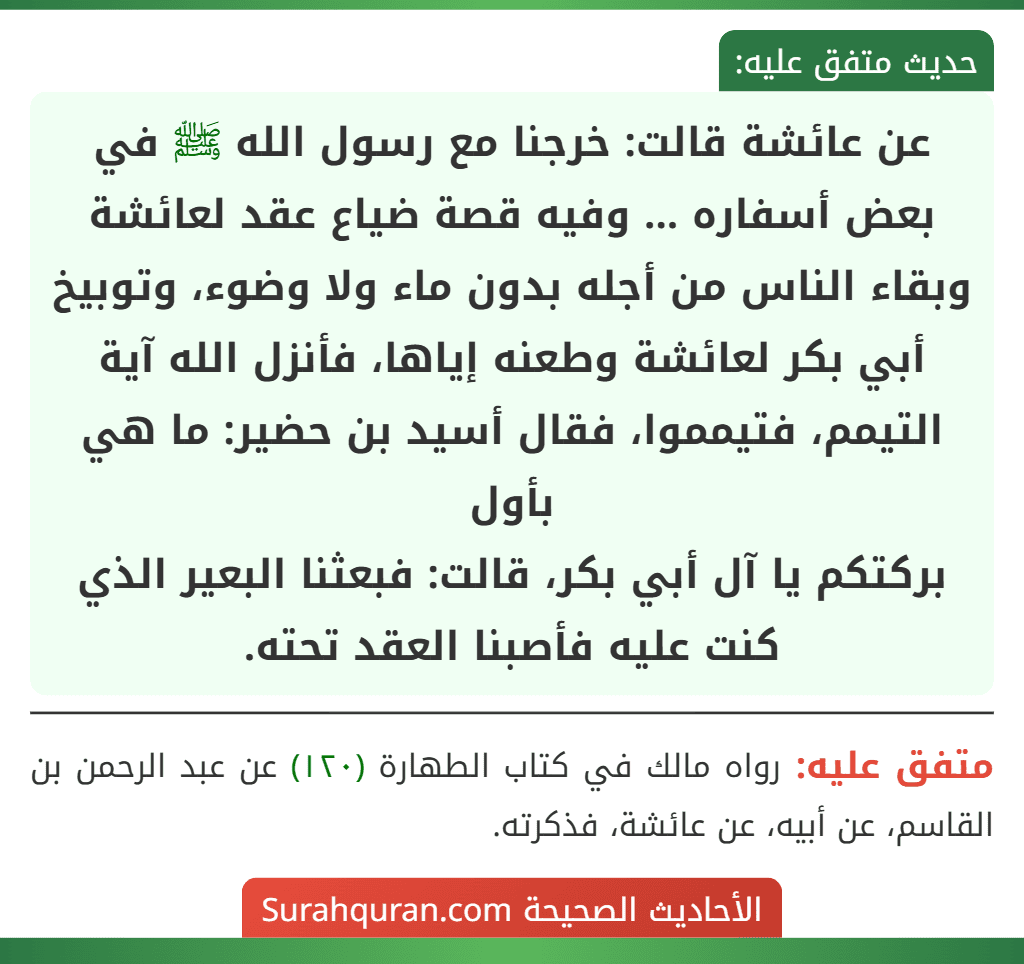 عن عائشة قالت: خرجنا مع رسول الله ﷺ في بعض أسفاره ... وفيه قصة ضياع عقد لعائشة وبقاء الناس من أجله بدون ماء ولا وضوء، وتوبيخ أبي بكر لعائشة وطعنه إياها، فأنزل الله آية التيمم، فتيمموا، فقال أسيد بن حضير: ما هي بأول
بركتكم يا آل أبي بكر، قالت: فبعثنا البعير الذي كنت عليه فأصبنا العقد تحته.