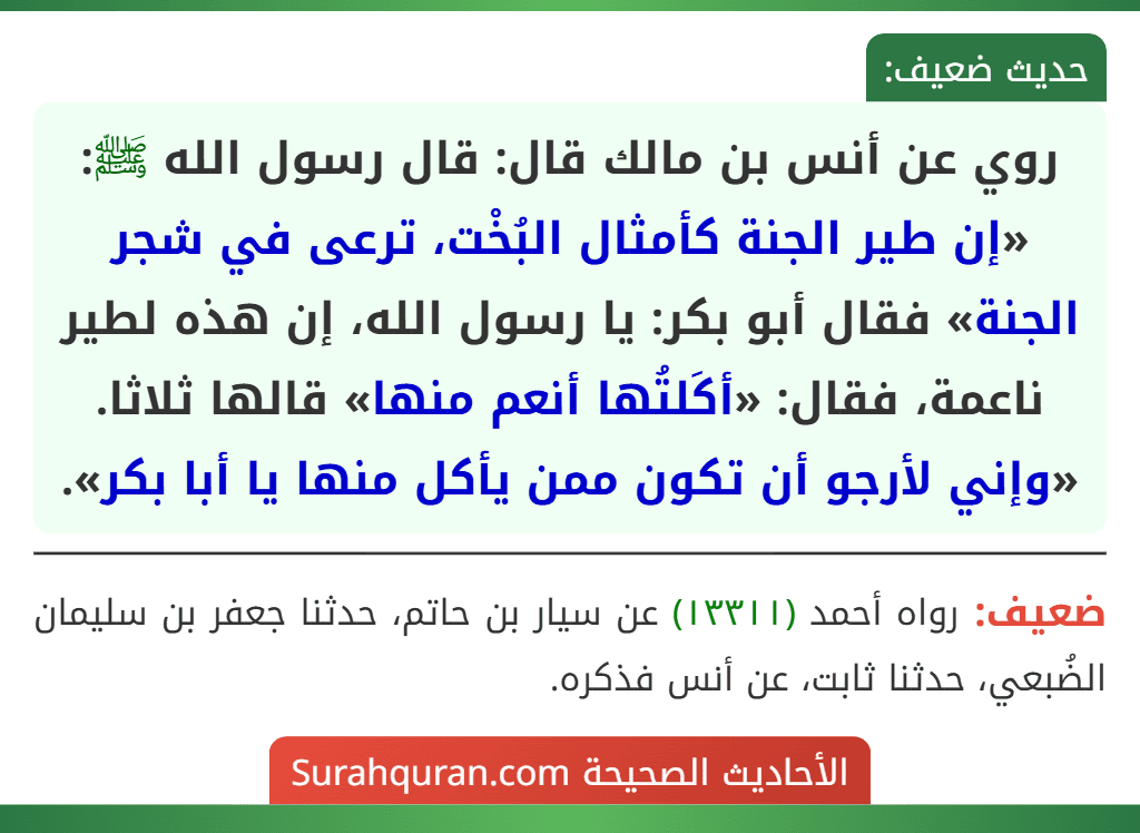 روي عن أنس بن مالك قال: قال رسول الله ﷺ: «إن طير الجنة كأمثال البُخْت، ترعى في شجر الجنة» فقال أبو بكر: يا رسول الله، إن هذه لطير ناعمة، فقال: «أكَلتُها أنعم منها» قالها ثلاثا. «وإني لأرجو أن تكون ممن يأكل منها يا أبا بكر». روي عن أنس بن مالك قال: قال رسول الله ﷺ: «إن طير الجنة كأمثال البُخْت، ترعى في شجر الجنة» فقال أبو بكر: يا رسول الله، إن هذه لطير ناعمة، فقال: «أكَلتُها أنعم منها» قالها ثلاثا. «وإني لأرجو أن تكون ممن يأكل منها يا أبا بكر».
