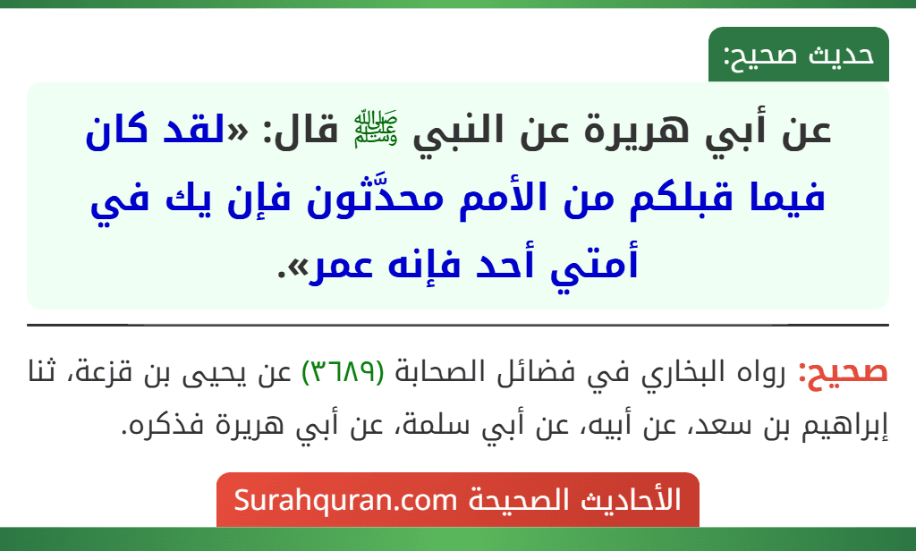 عن أبي هريرة عن النبي ﷺ قال: «لقد كان فيما قبلكم من الأمم محدَّثون فإن يك في أمتي أحد فإنه عمر».