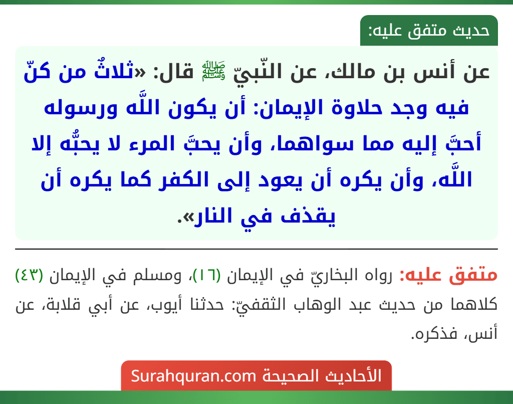 عن أنس بن مالك، عن النّبيّ ﷺ قال: «ثلاثٌ من كنّ فيه وجد حلاوة الإيمان: أن يكون اللَّه ورسوله أحبَّ إليه مما سواهما، وأن يحبَّ المرء لا يحبُّه إلا اللَّه، وأن يكره أن يعود إلى الكفر كما يكره أن يقذف في النار».