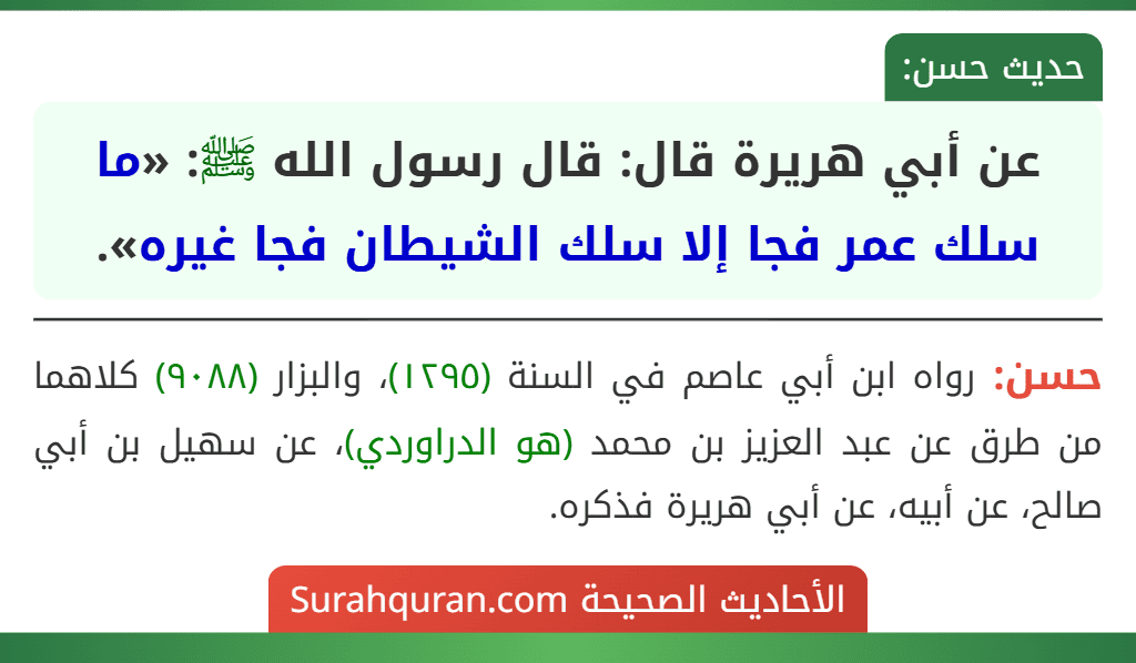 عن أبي هريرة قال: قال رسول الله ﷺ: «ما سلك عمر فجا إلا سلك الشيطان فجا غيره».