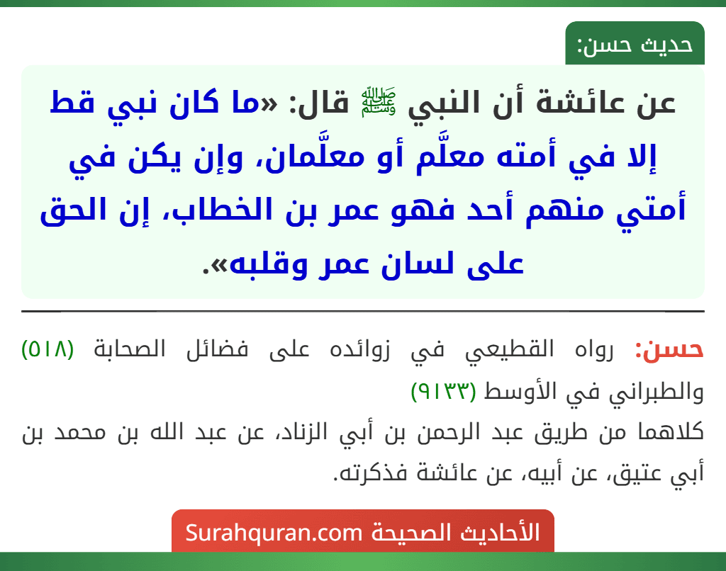 عن عائشة أن النبي ﷺ قال: «ما كان نبي قط إلا في أمته معلَّم أو معلَّمان، وإن يكن في أمتي منهم أحد فهو عمر بن الخطاب، إن الحق على لسان عمر وقلبه».