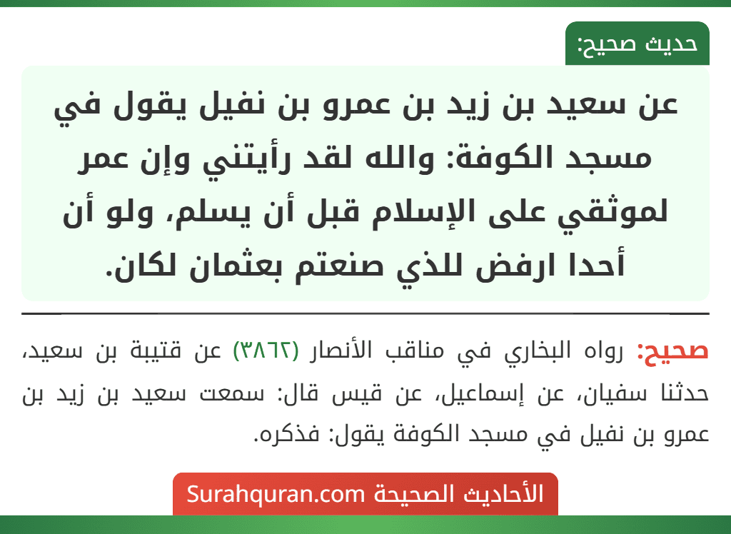 عن سعيد بن زيد بن عمرو بن نفيل يقول في مسجد الكوفة: والله لقد رأيتني وإن عمر لموثقي على الإسلام قبل أن يسلم، ولو أن أحدا ارفض للذي صنعتم بعثمان لكان.