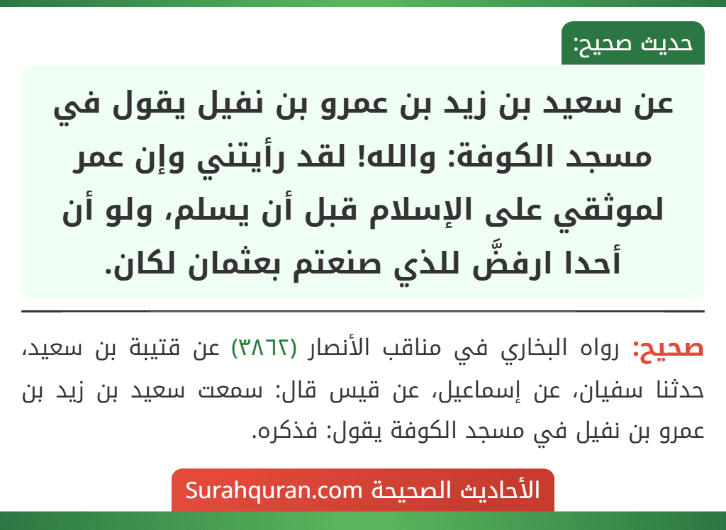 عن سعيد بن زيد بن عمرو بن نفيل يقول في مسجد الكوفة: والله! لقد رأيتني وإن عمر لموثقي على الإسلام قبل أن يسلم، ولو أن أحدا ارفضَّ للذي صنعتم بعثمان لكان.