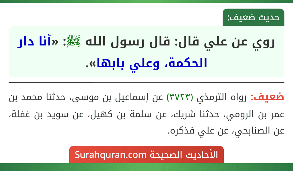 روي عن علي قال: قال رسول الله ﷺ: «أنا دار الحكمة، وعلي بابها».