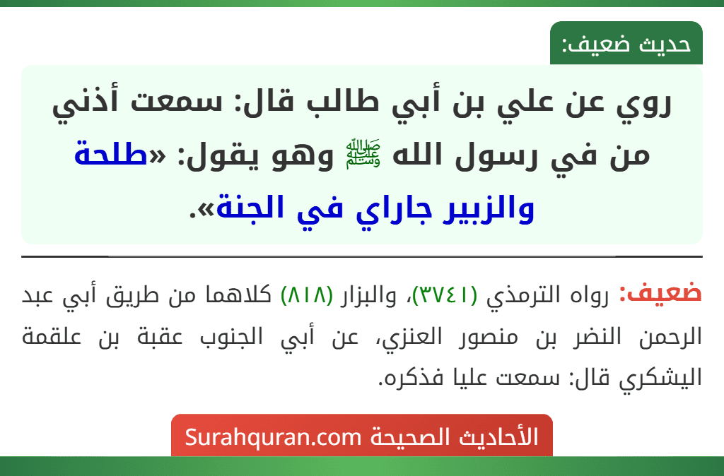 روي عن علي بن أبي طالب قال: سمعت أذني من في رسول الله ﷺ وهو يقول: «طلحة والزبير جاراي في الجنة». روي عن علي بن أبي طالب قال: سمعت أذني من في رسول الله ﷺ وهو يقول: «طلحة والزبير جاراي في الجنة».