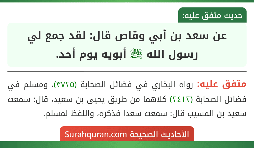 عن سعد بن أبي وقاص قال: لقد جمع لي رسول الله ﷺ أبويه يوم أحد. عن سعد بن أبي وقاص قال: لقد جمع لي رسول الله ﷺ أبويه يوم أحد.