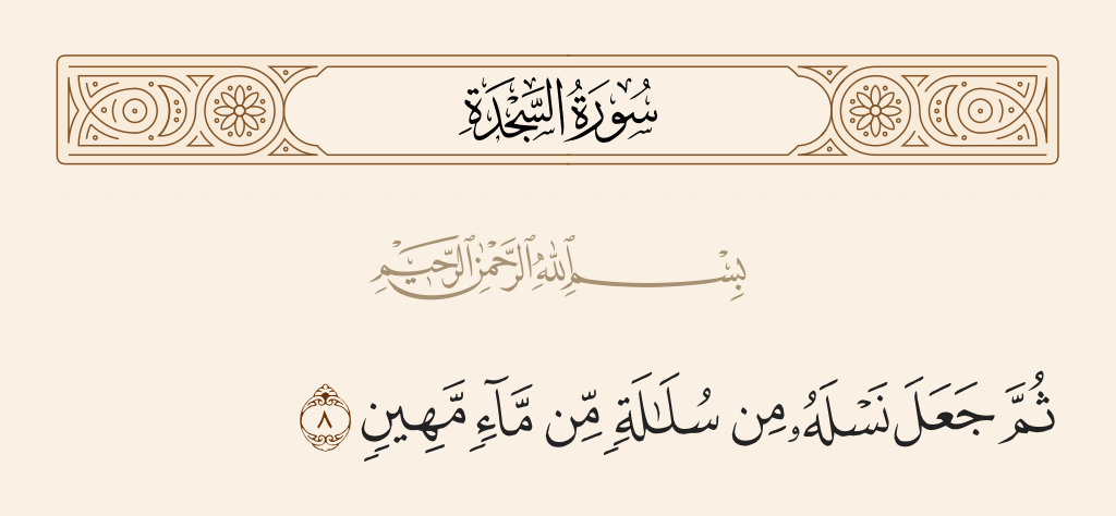surah السجدة ayah 8 - Then He made his posterity out of the extract of a liquid disdained.