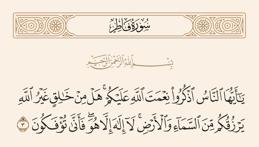 surah فاطر ayah 3 - O mankind, remember the favor of Allah upon you. Is there any creator other than Allah who provides for you from the heaven and earth? There is no deity except Him, so how are you deluded?
