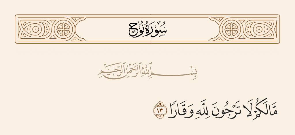 surah نوح ayah 13 - What is [the matter] with you that you do not attribute to Allah [due] grandeur