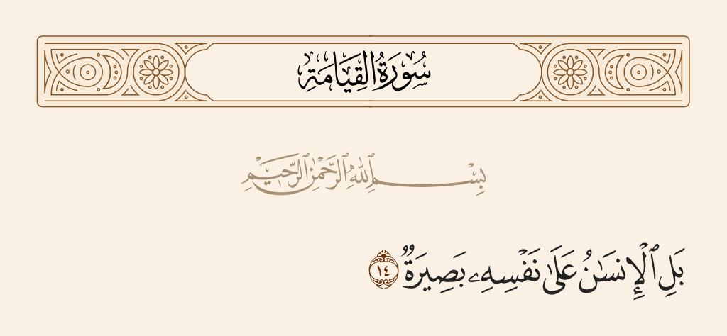 surah القيامة ayah 14 - Rather, man, against himself, will be a witness,