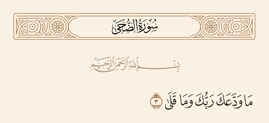 surah الضحى ayah 3 - Your Lord has not taken leave of you, [O Muhammad], nor has He detested [you].